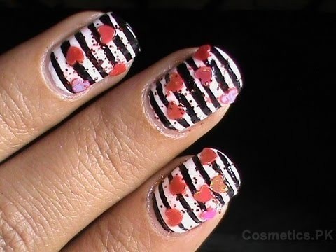 Black White Heart Nail Art Design For Short Nails